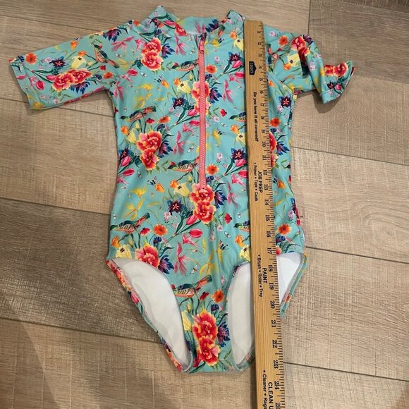 TAME THE SUN GIRLS 1 PIECE SWIM SUIT SIZE 9 BIRD BLUE FLORAL RUFFLES - Picture 5 of 7